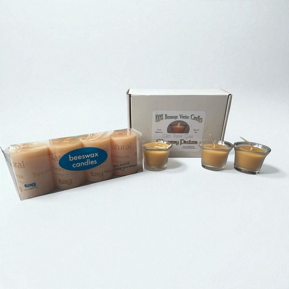Beeswax Candles – Votive & Handmade Glass Holders – New/Unused